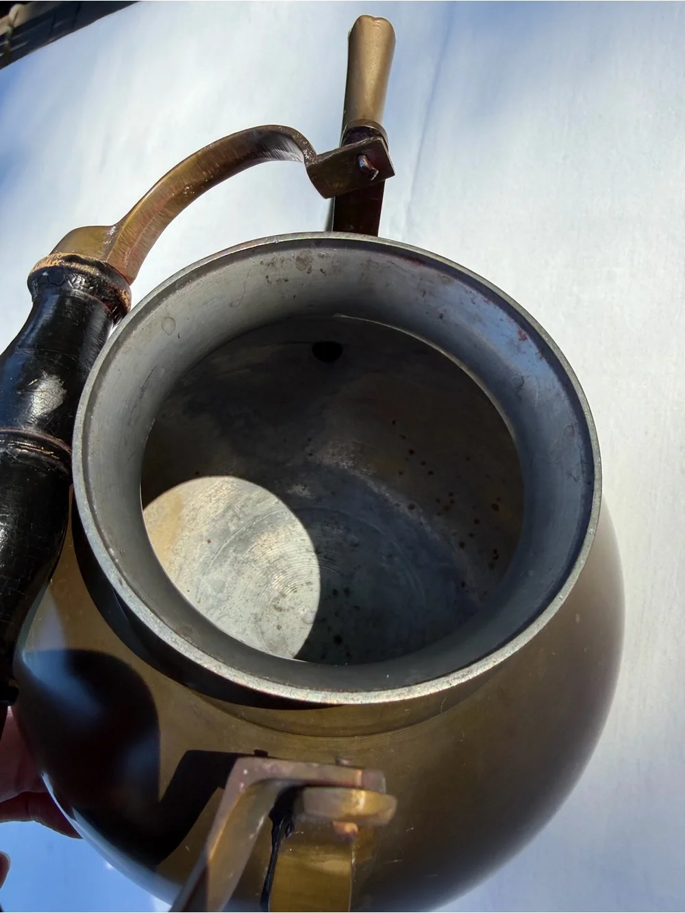Beautiful Vintage Brass Teapot Kettle With Black Wood Handle Patina Farmhouse
